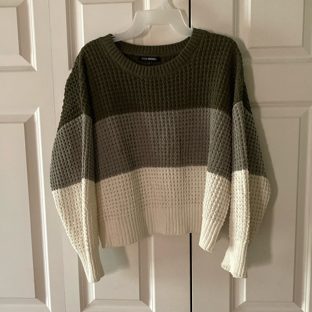 Steve Madden color block sweater women Lg olive, sage cream soft cozy